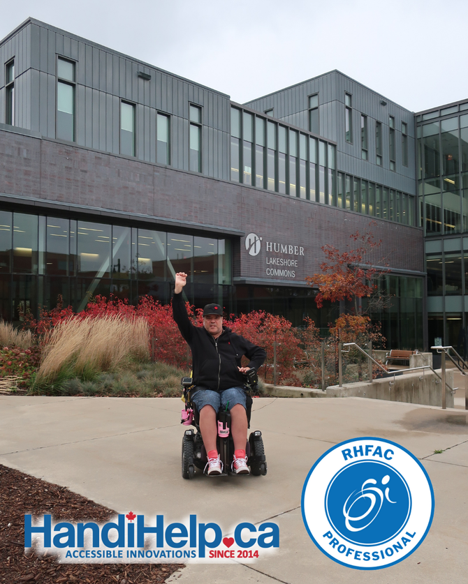 Chris Stigas, who is using a wheelchair, holding one arm in the air triumphantly. The words "HandiHelp.ca Accessible Innovations" and the RHFAC Professional logo are at the bottom.