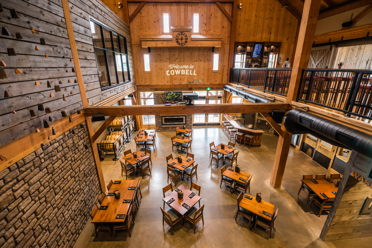 View of the diner seating area from above in Cowbell Brewing