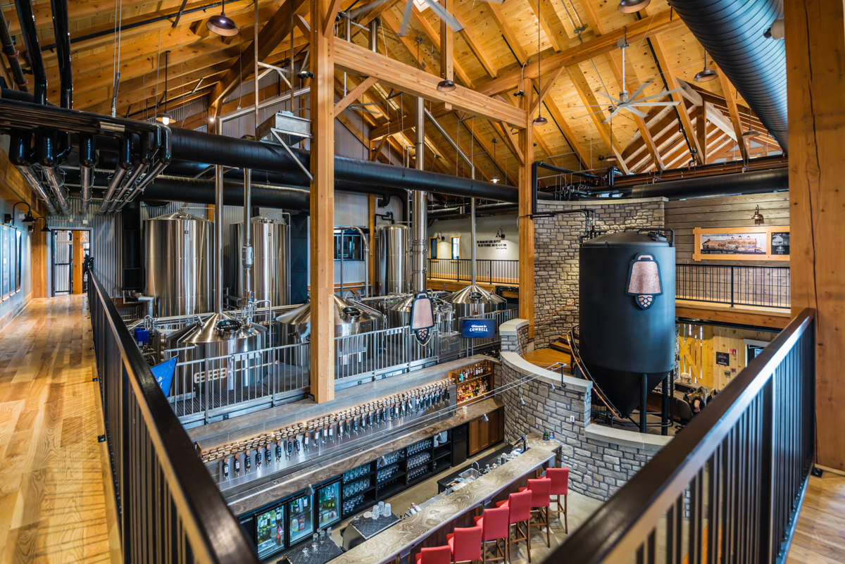 View of the brewery interior from above, showing the accessible catwalk. 