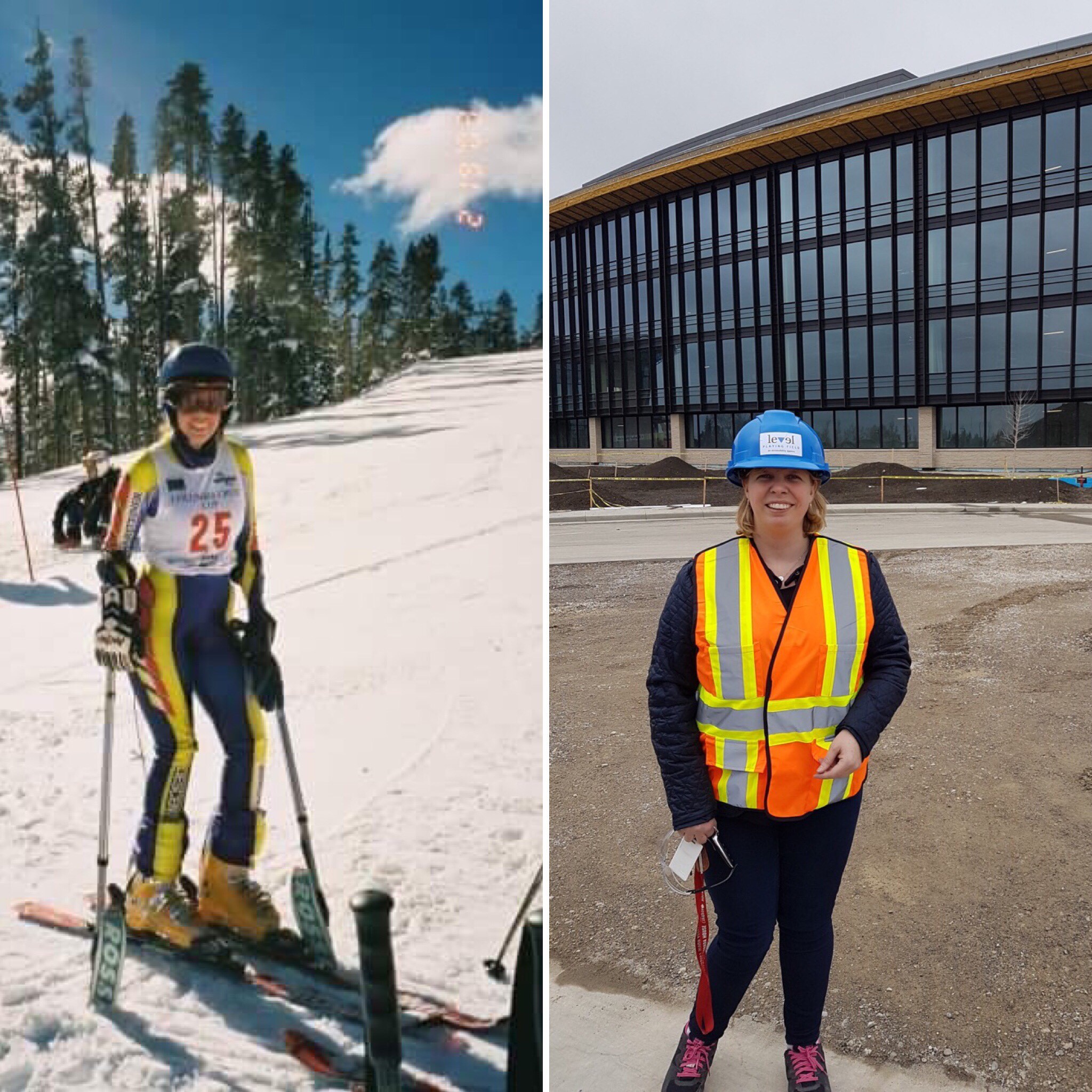 Darby skiing and wearing a construction helmet