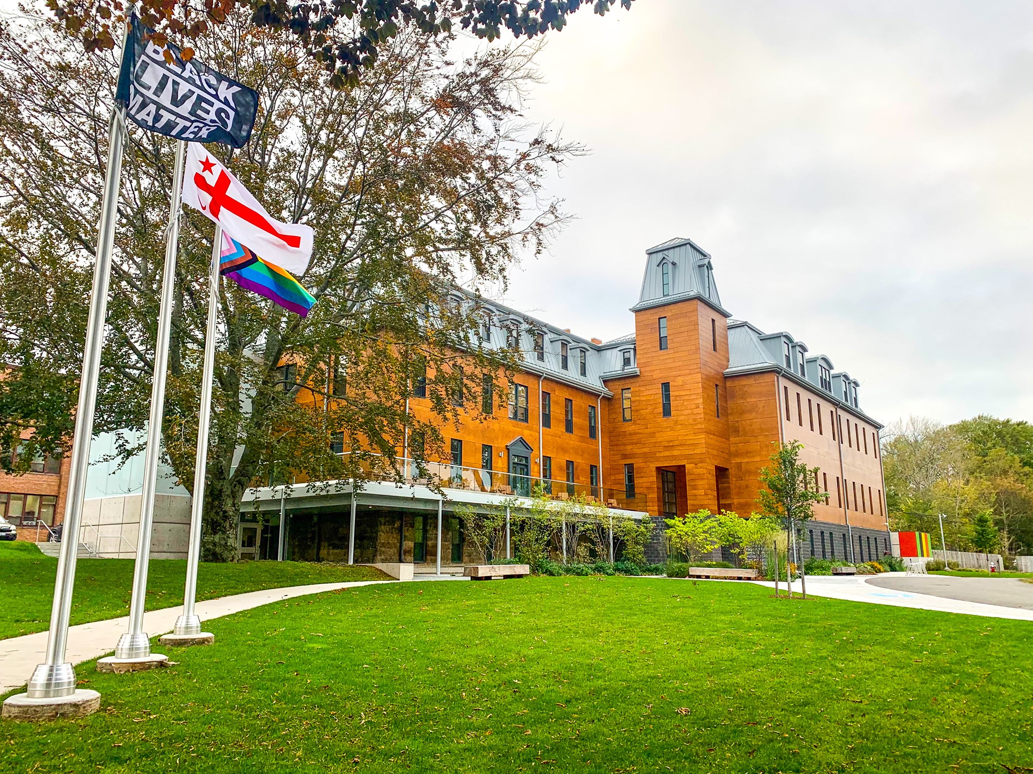 Exterior of Eltuek Arts Centre. It is a large brown building with a large greenspace in front. There are three flags on the left side of the greenspace.