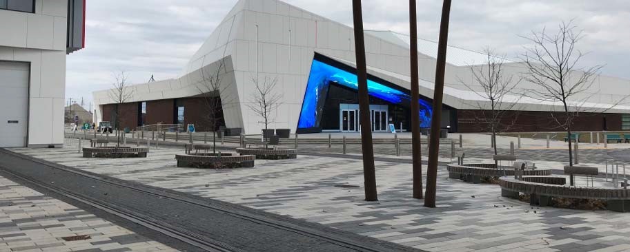 Entrance with landscaping, ramps and blue lighting