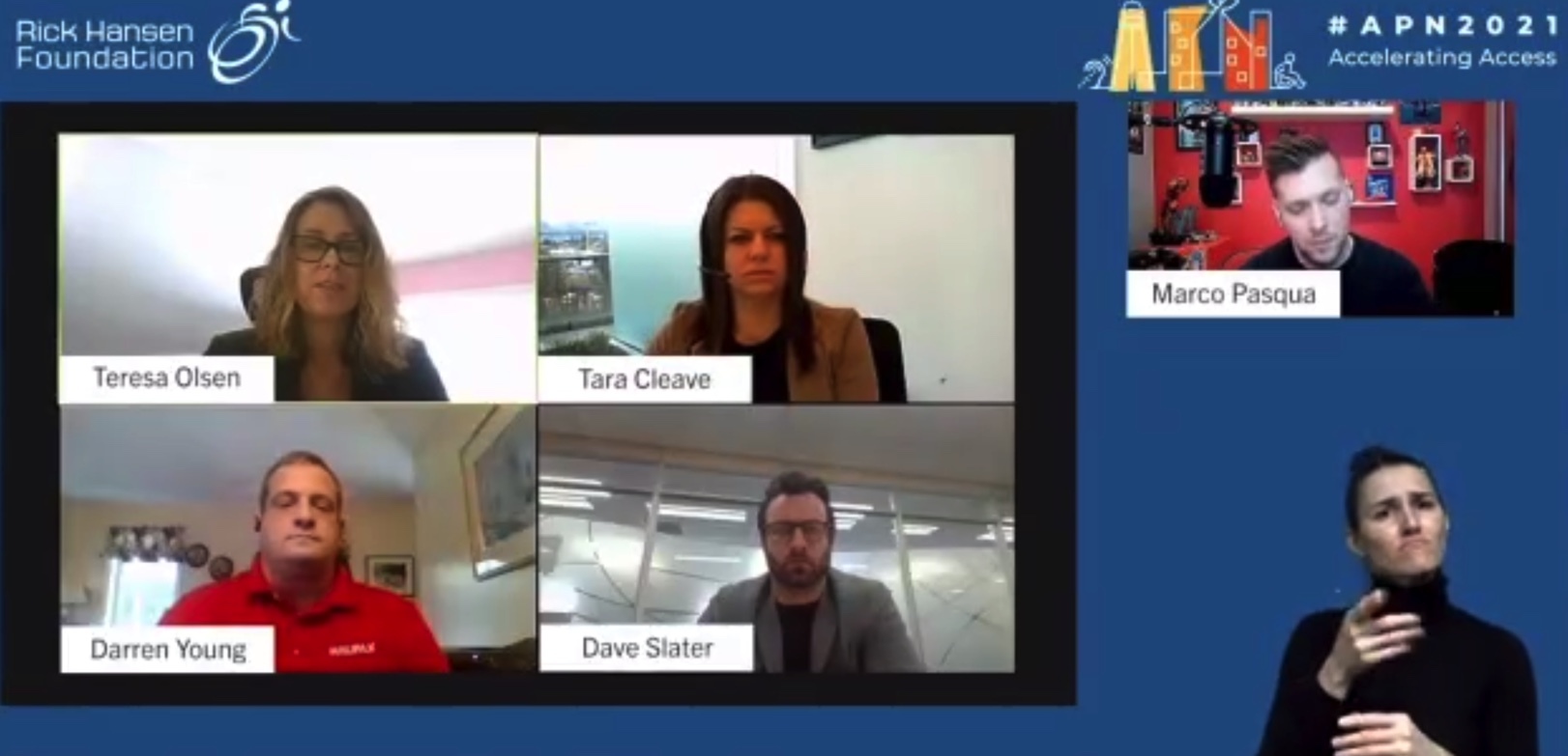 Screenshot of #APN2021 online conference session featuring Teresa Olsen, Tara Cleave, Darren Young, Dave Slater, and Marco Pasqua.