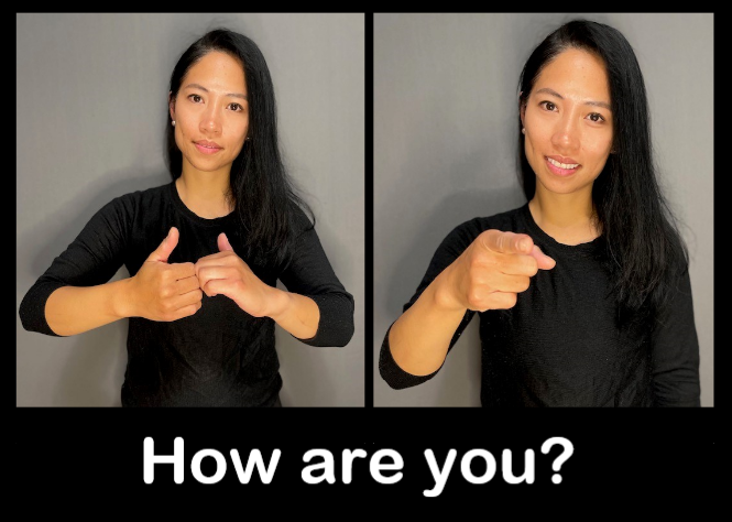 two pictures of a woman with long dark hair using sign language