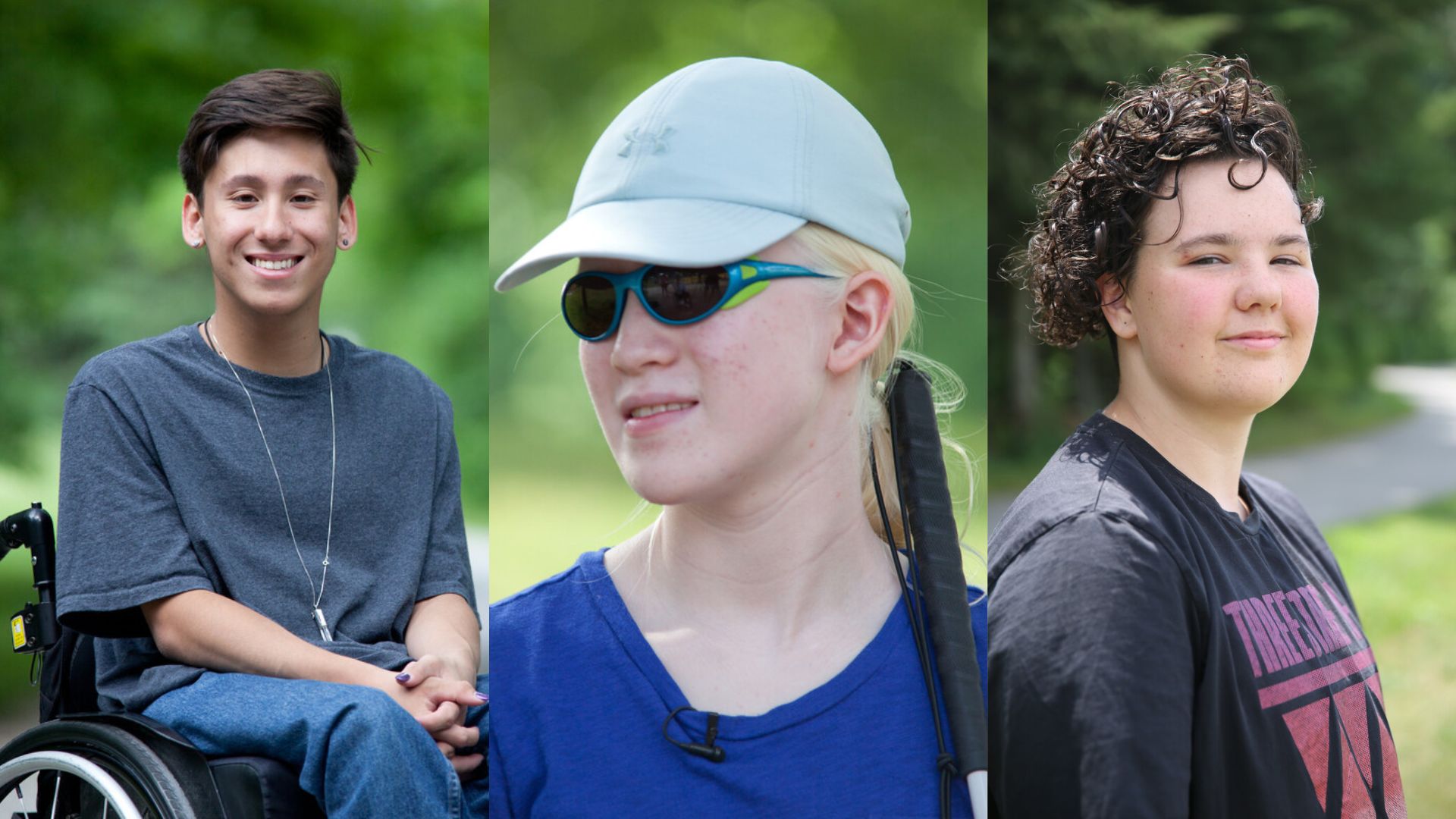 Headshots of Tai, Elena and Jaelyn. Tai has short brown hair and is using a wheelchair, Elena is wearing a white hat and sunglasses and has a cane. Jaelyn has dark curly hair and is wearing a black t-shirt.