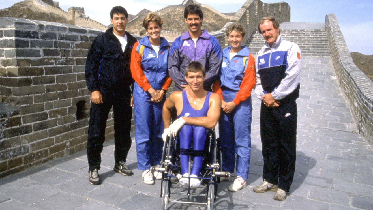 Rick Hansen on the Man in Motion world Tour using a wheelchair on the great wall of china 