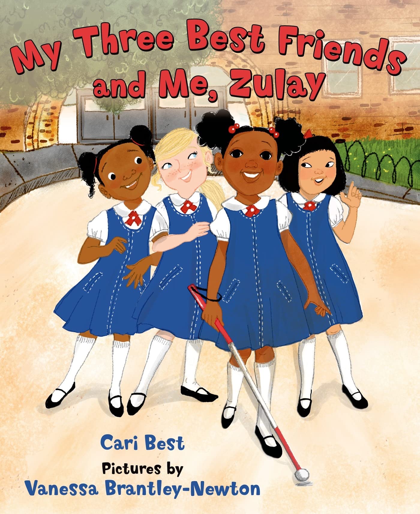 Four cartoon girls wearing matching blue dresses and white socks. They are all different ethnicities and one of them has a white and red cane. Above them, the title is written in red and reads my three best friends and me, Zulay.
