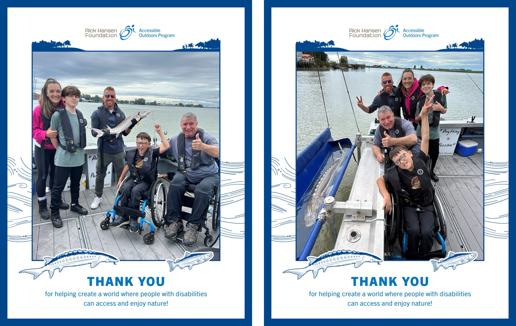 Two-photo thank-you graphic from the Rick Hansen Foundation Accessible Outdoors Program showing Oscar and Rick, both wheelchair users, with a group during an accessible fishing trip. One photo shows the group with a fish, and the other shows them posing together on the boat.