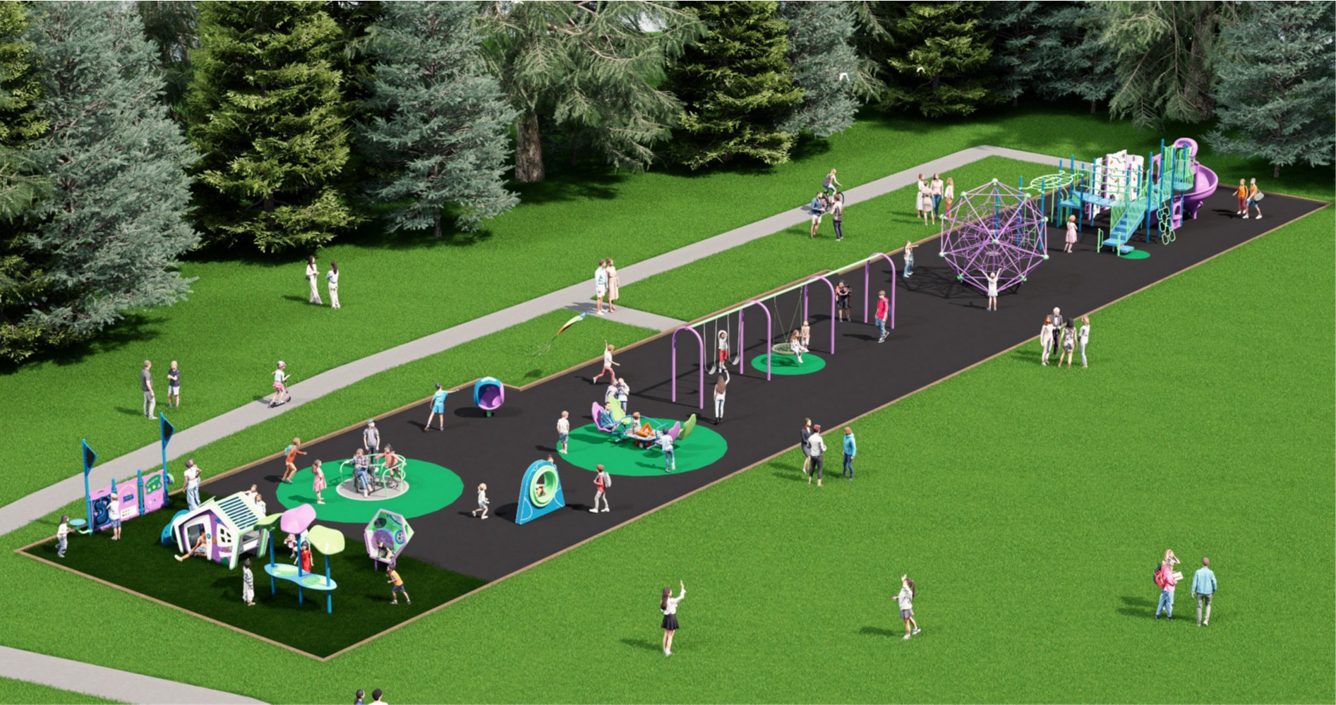 Drawing of a large playground surrounded by ramps and accessible pathways, with green areas and bushes. In the center, inclusive attractions such as slides, spinning rides, and swings are featured