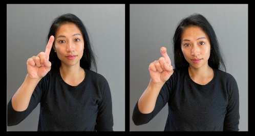 two pictures of a woman with long dark hair using sign language