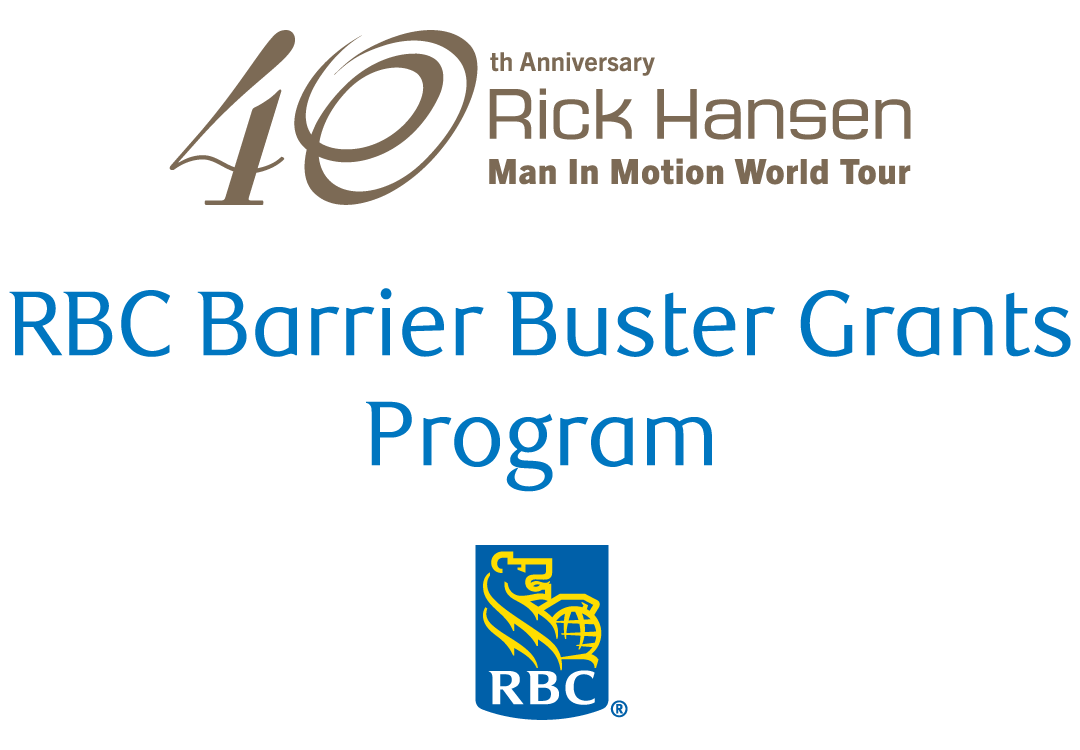Logo featuring “40th Anniversary Rick Hansen Man In Motion World Tour” in brown text above “RBC Barrier Buster Grants Program” in blue, with the RBC logo at the bottom.