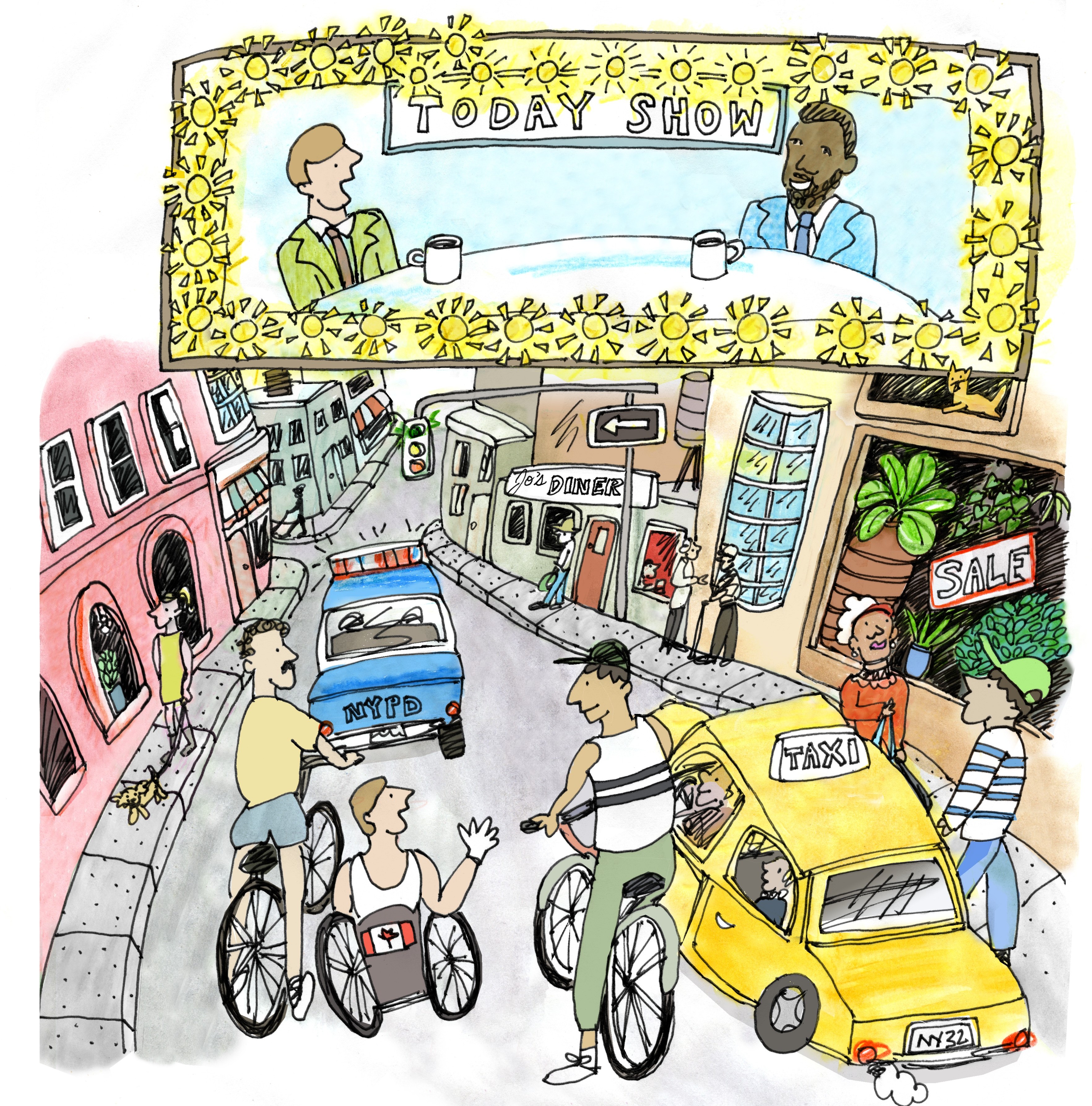 Hand-drawn illustration of a TV set labelled “Today Show,” with a busy city street scene below including pedestrians, taxis, a police car and a man using a wheelchair.