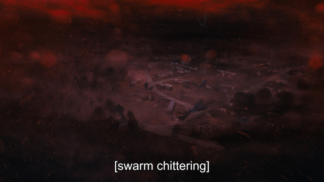Aerial view of a distressed town that is heavily covered with a dark red haze. Several creatures with wings are in view. Closed captioning at the bottom reads "swarm chittering".
