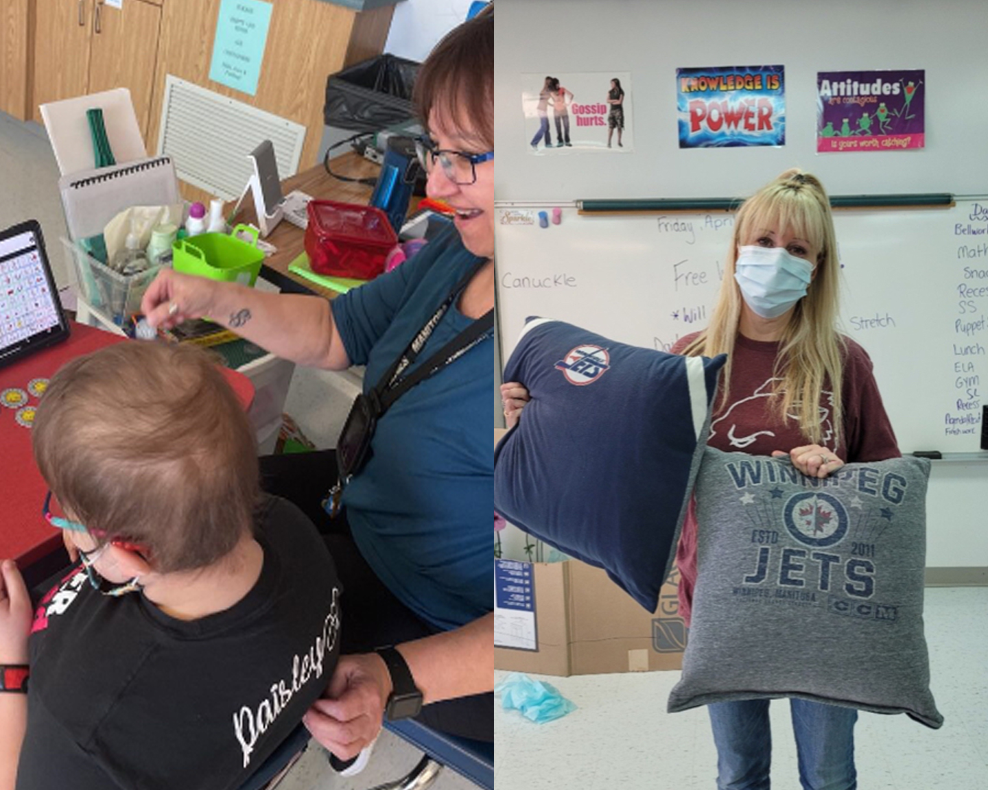 Split photo. On the left, a woman with brown hair is helping a young student at a table. On the right, a blonde woman wearing a mask is holding up Winnipeg Jets pillows.