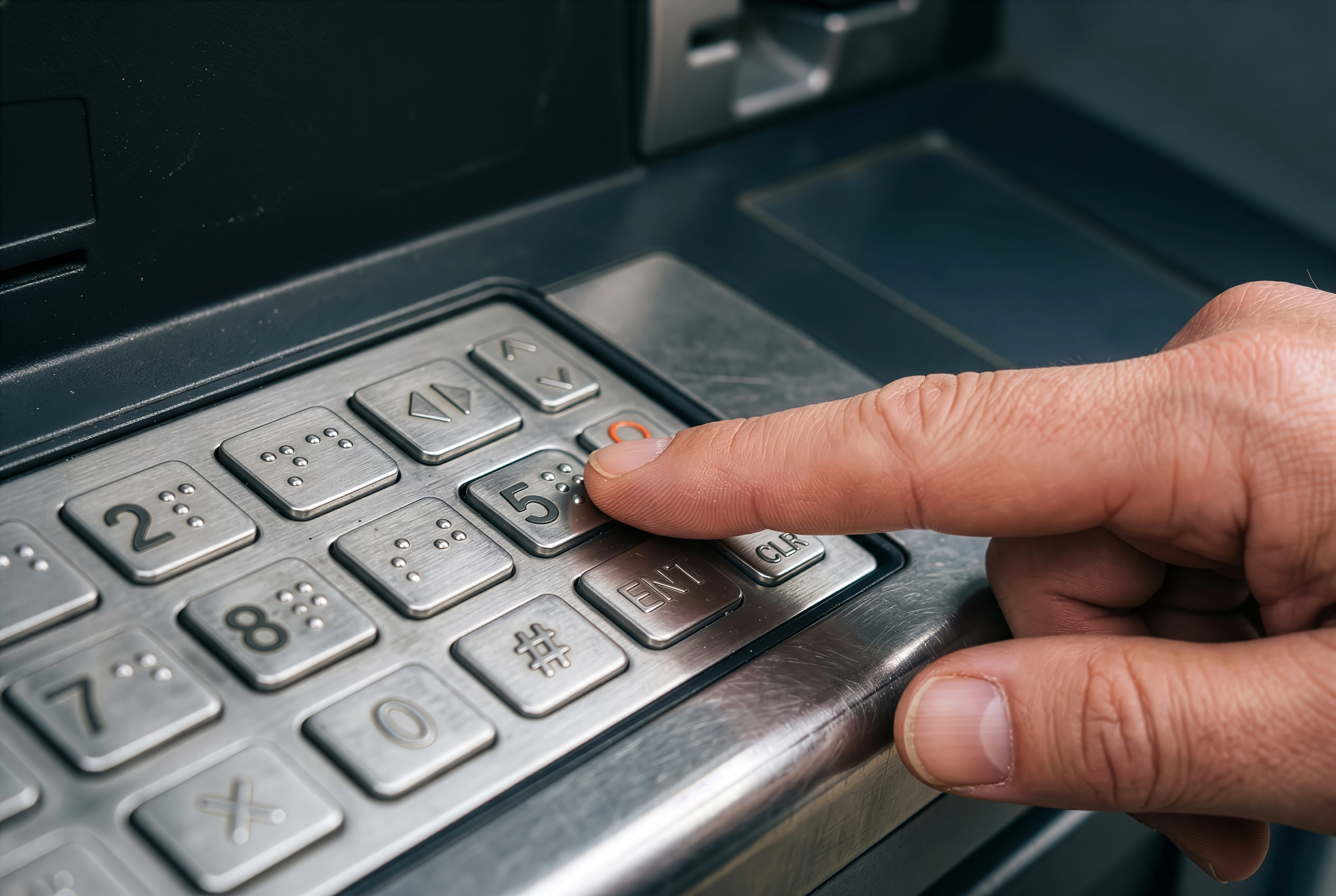 Close-up of a hand pressing a raised number button with Braille on a metal keypad.