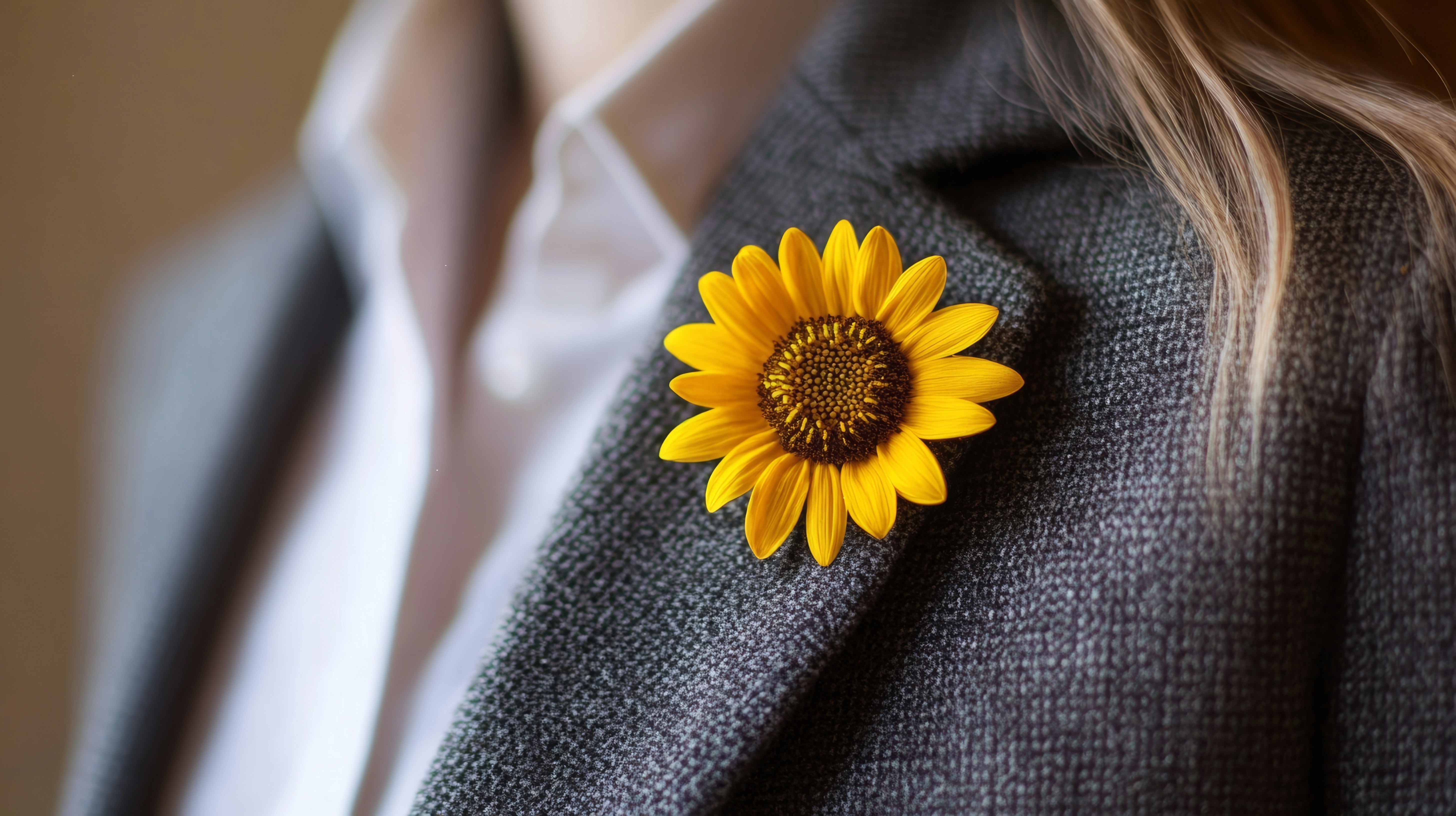 A bright yellow sunflower pinned to the lapel of a gray textured blazer.