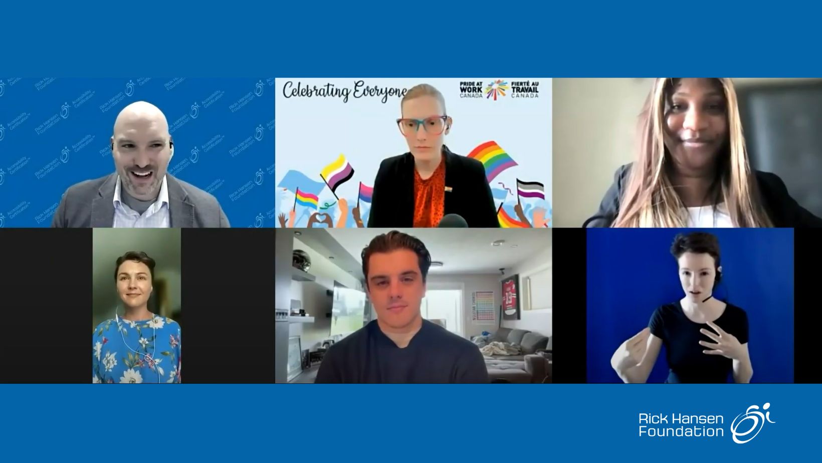 Screenshot of six people on a Zoom webinar. There are four panelists, a moderator and an ASL interpreter