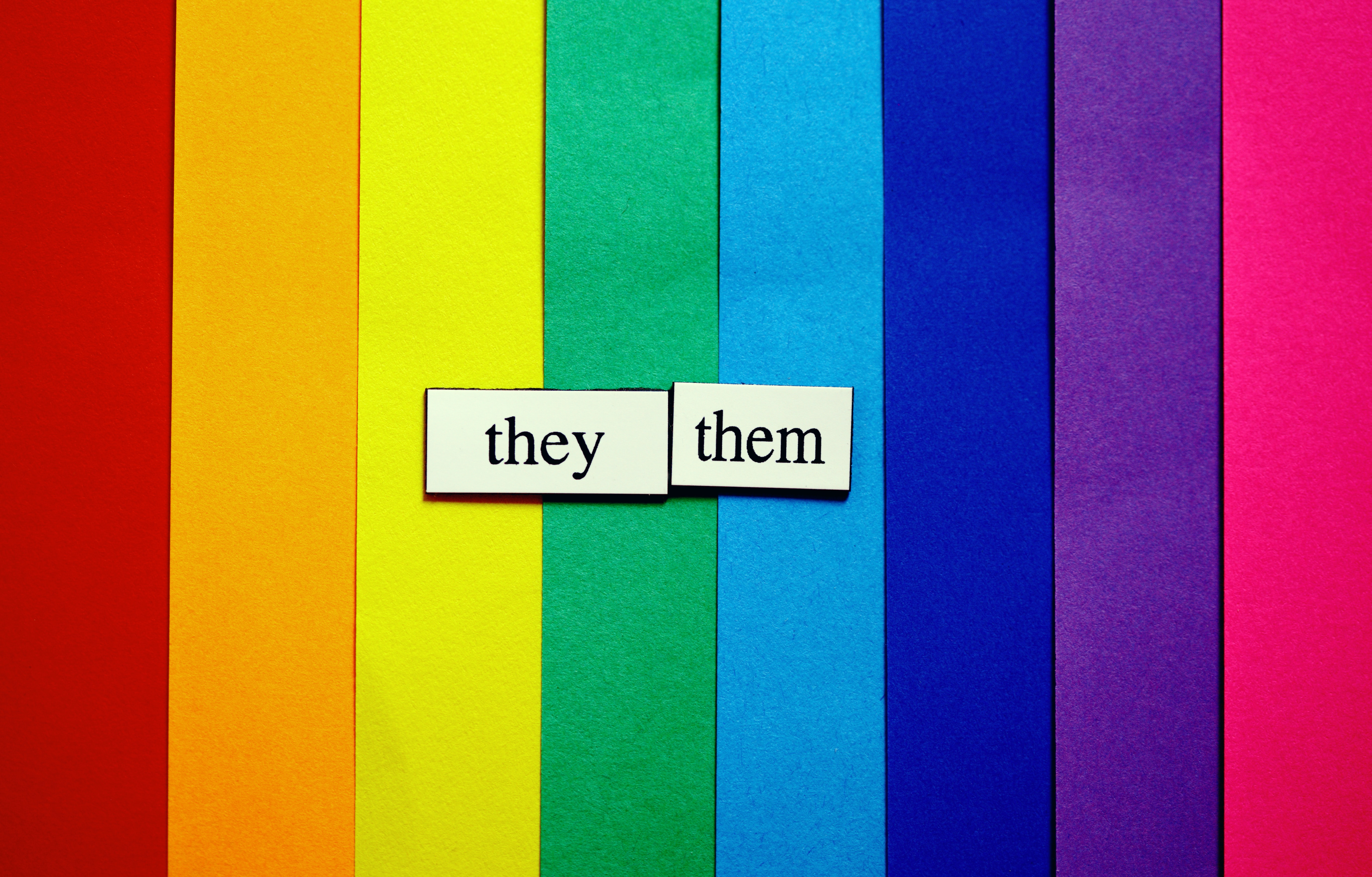 a rainbow background with two rectangles in front that read "they" and "them"