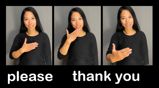 three pictures of a woman with long dark hair using sign language, text syas please & thank you