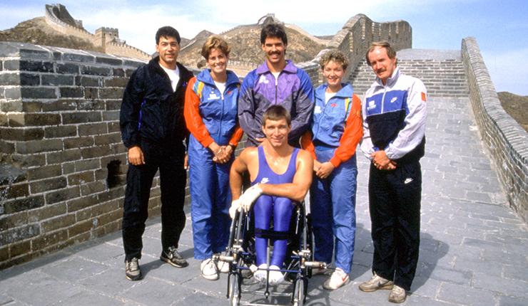 Rick Hansen and his team gathered up smiling for Man in Motion World Tour. 