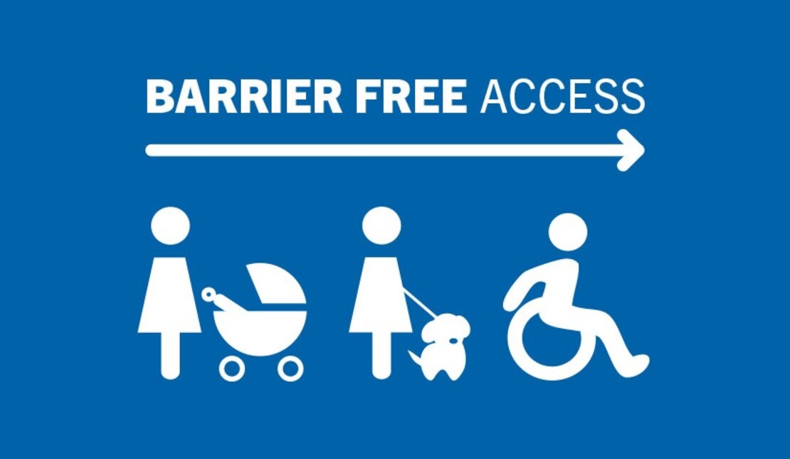 Stroller user, assistive dog user, wheelchair user head towards Barrier Free Access area