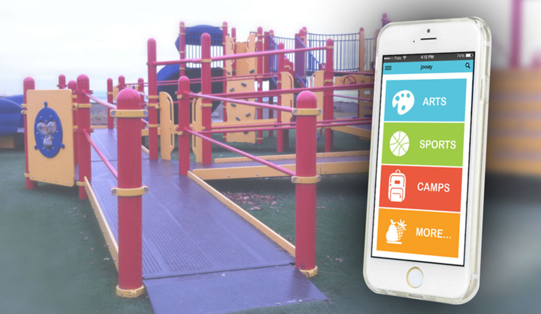 Image of Jooay app open on phone with accessible playgrounds in background