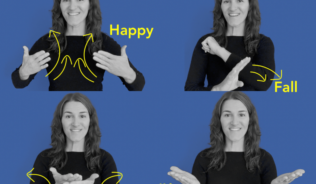 Happy Fall Y'all  Close up of a sign language interpreter with long hair demonstrates how to sign the words "Happy Fall Y'all" in three steps.