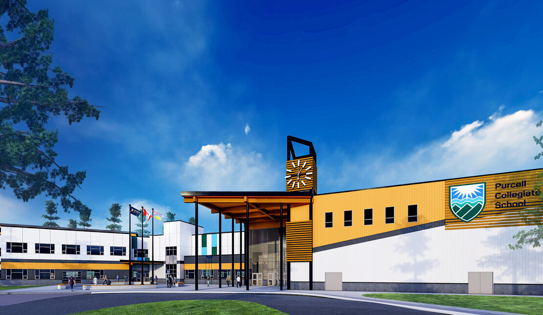 A front perspective rendering of Purcell Collegiate's front entrance, with blue skies in the background, wooden cladding, and white walls. People are seen walking towards the entrance. The Purcell, BC, and Canadian flags are flying on 3 masts.