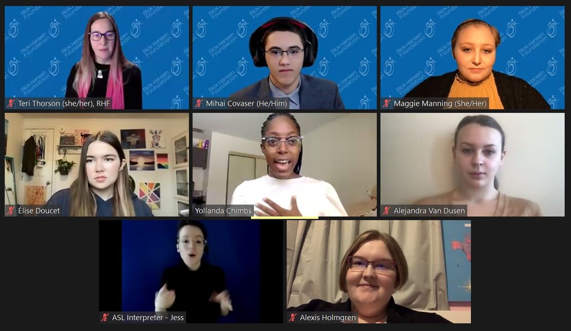 Eight young people speaking on a zoom call with ASL interpretation 