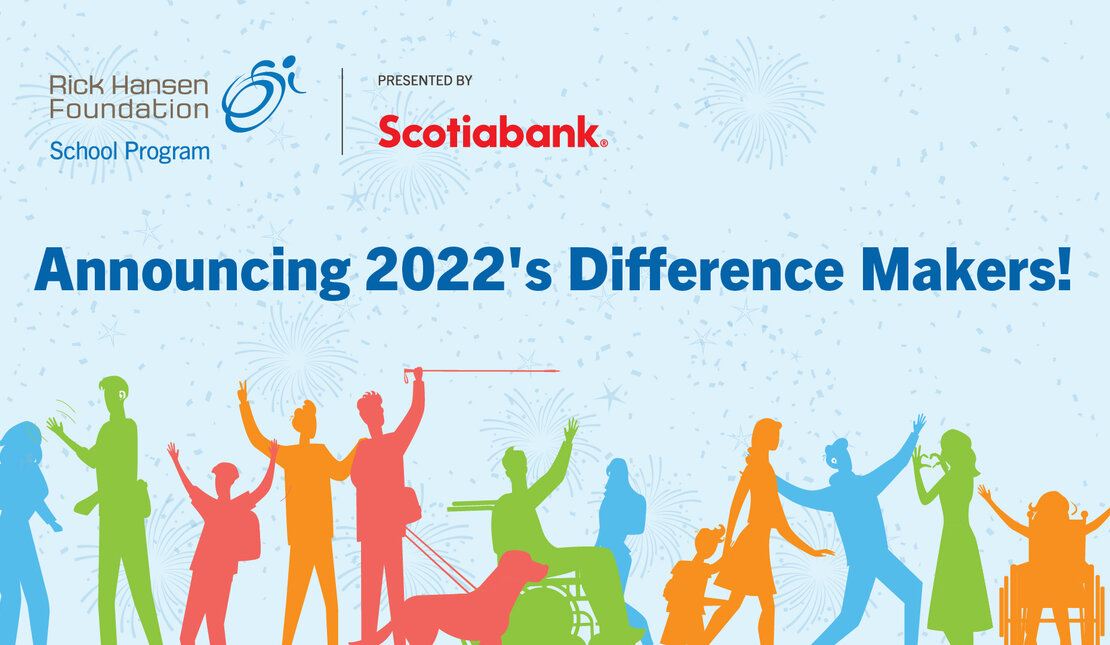 Blue background with colourful illustrated people with different abilities. Announcing 2022's Difference Makers! is written in dark blue. The Rick Hansen Foundation and Scotiabank logos are in the top left corner.