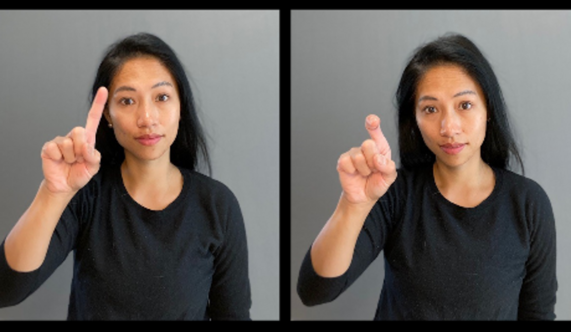 two pictures of a woman with long dark hair using sign language