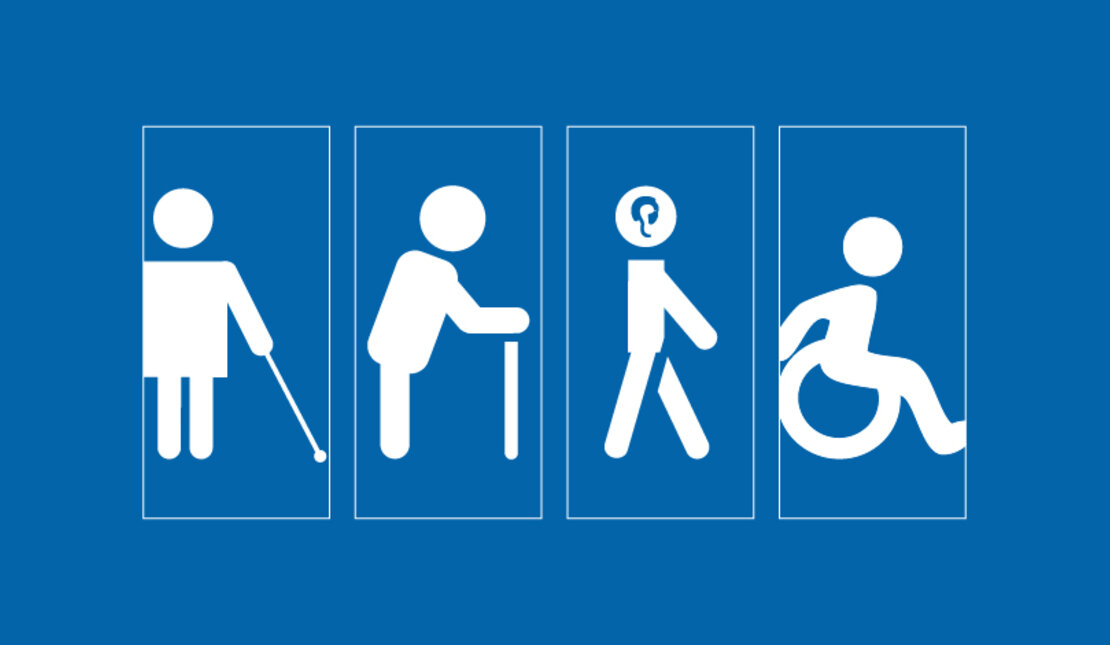 Blue background with four white icons of various disabilities