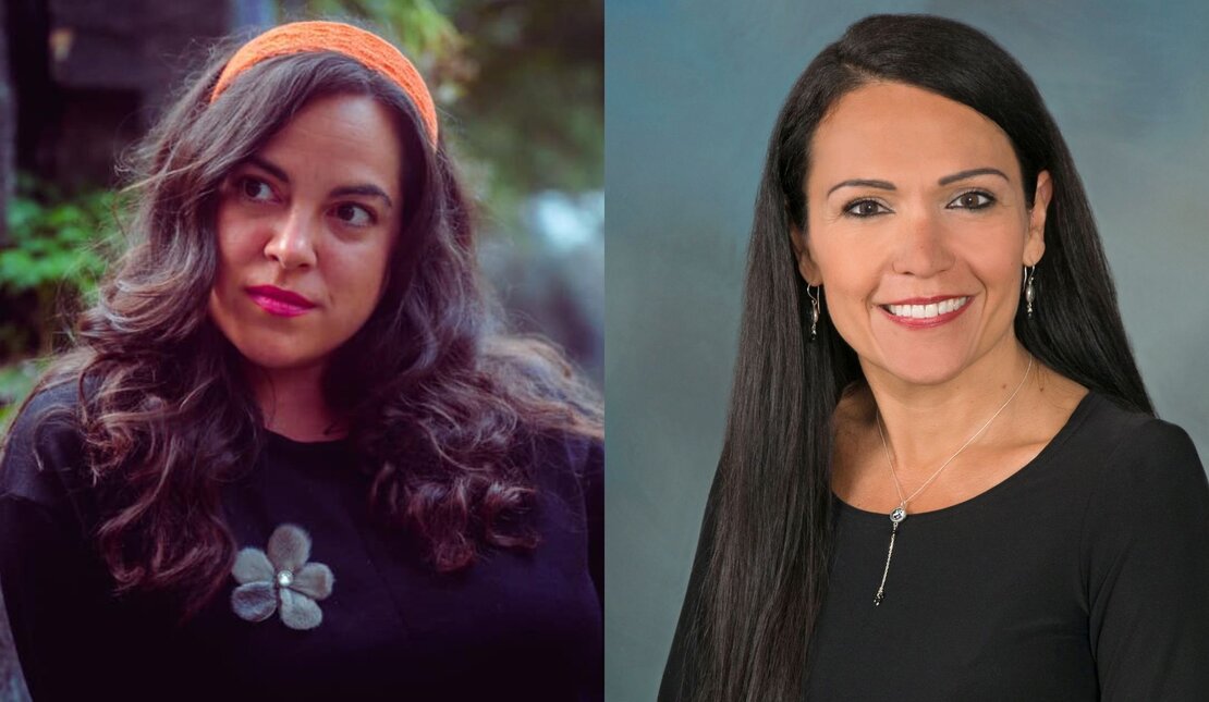 Split image of Lisa Smith (left) and Dr. Rheanna Robinson (right). Lisa has long dark hair and is wearing an orange headband. Dr. Robinson has long dark hair and is wearing a black shirt.