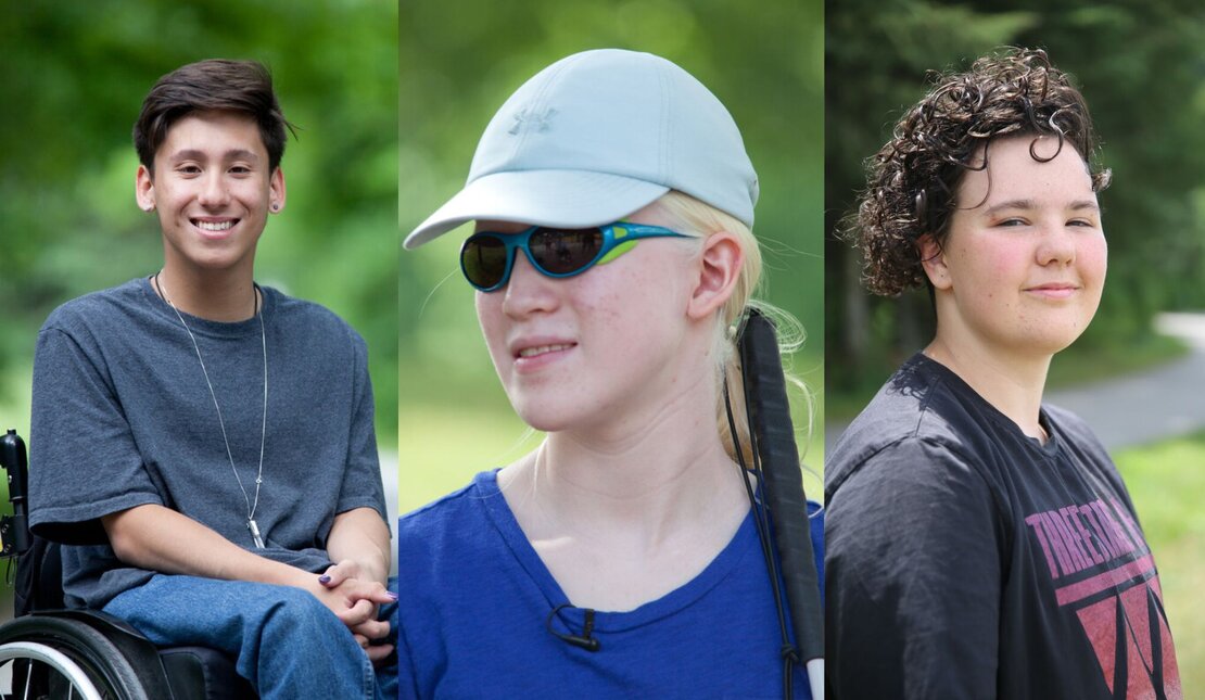 Headshots of Tai, Elena and Jaelyn. Tai has short brown hair and is using a wheelchair, Elena is wearing a white hat and sunglasses and has a cane. Jaelyn has dark curly hair and is wearing a black t-shirt.