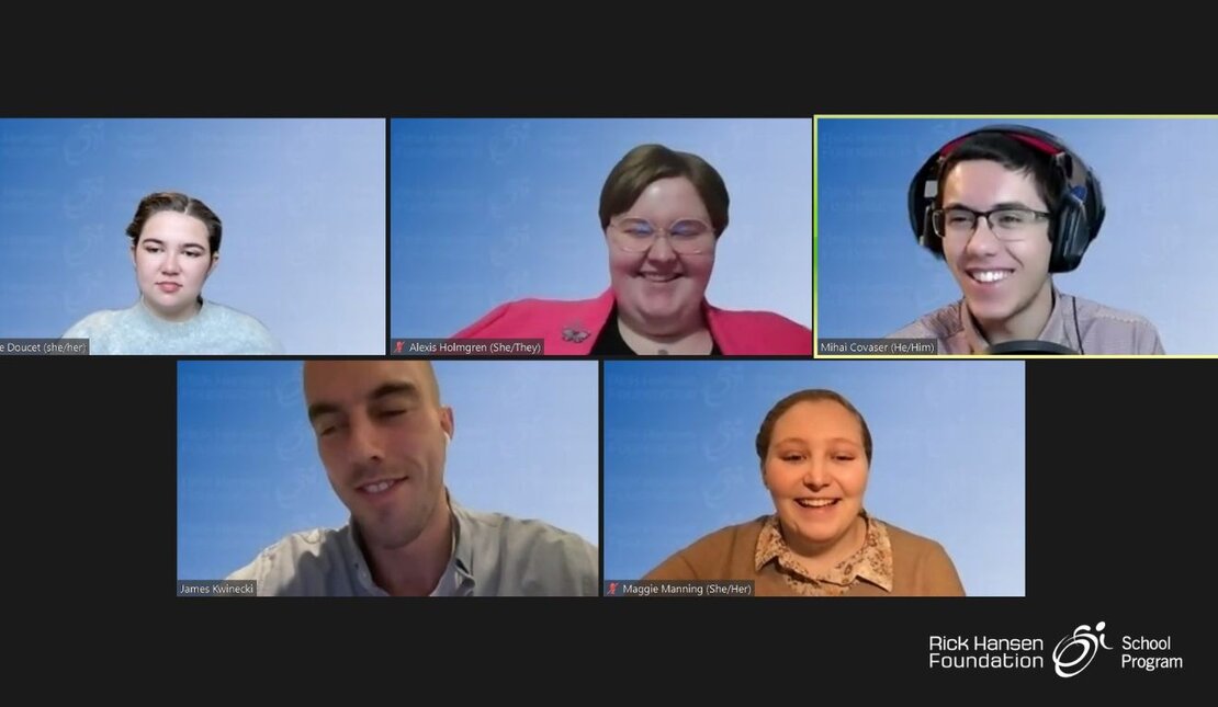 Youth panelists and moderator on Zoom. They are laughing. There are three screens on top and two on the bottom. The Rick Hansen Foundation School Program logo is in the bottom right corner.