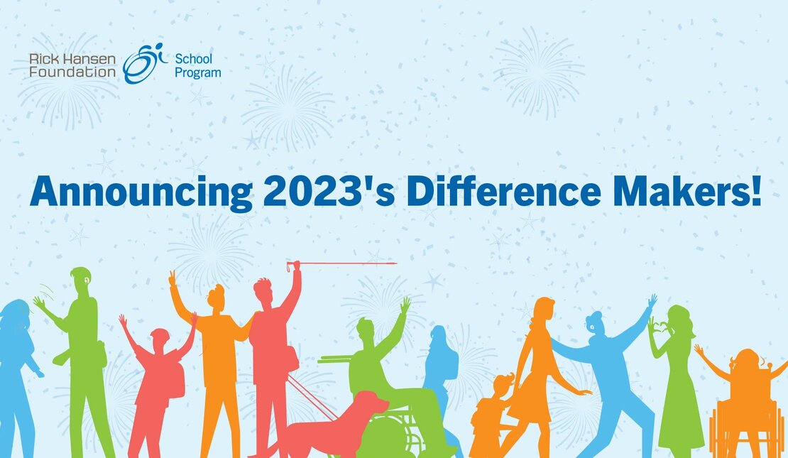 Announcing 2023's Difference Makers! Colourful graphics of people with different abilities are celebrating.