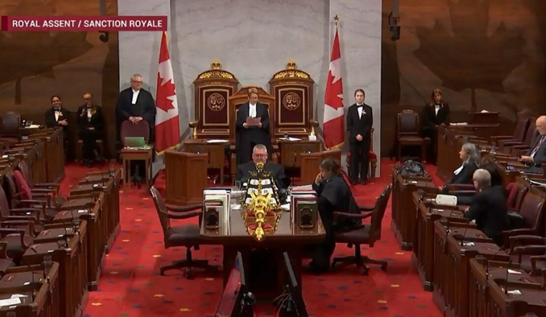 Bill C-22 has now received royal assent and becomes law.  Image is of the Royal Assent process within the Senate Chamber.