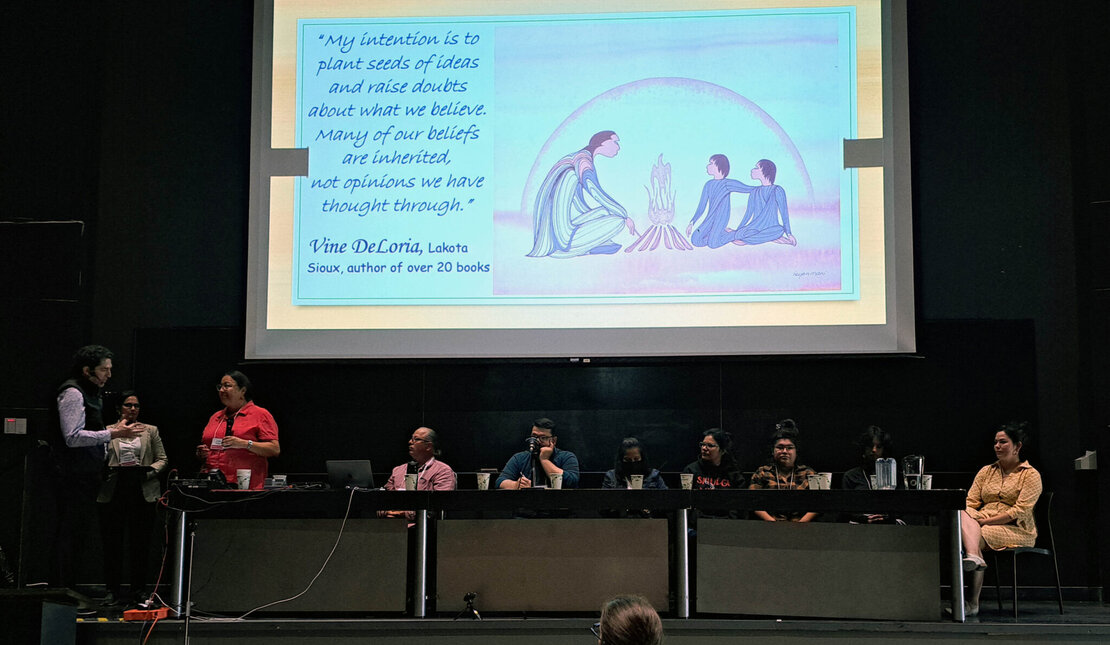 A group of people seating on a stage at the closing ceremony of the Montreal Convention on Friday, August 26, 2022, Professor Josie C. Auger, who teaches Native Studies at Athabasca University, offered insights into Indigenous knowledge. Auger, who teaches Native Studies at Athabasca University, offered insights into indigenous knowledge. She was joined by representatives from Vancouver (Grant Fahlgren), Sudbury (William Morin) and One House Many Nations in Manitoba (Professor Sylvia McAdam and her students
