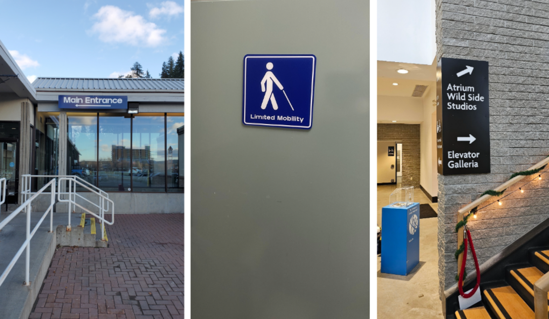 A collage of three photos showing accessibility-related signs in a building. The first photo shows a main entrance with a ramp. The second photo shows a blue sign with a walking figure using a cane and the text “Limited Mobility.” The third photo shows an interior directional sign pointing to the Atrium, 