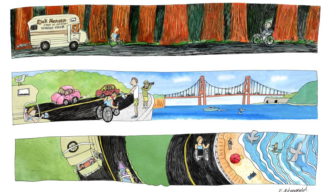 Colorful illustrated panel showing the Rick Hansen Man In Motion World Tour, with a wheelchair user traveling along roads, bridges, and waterfront scenes, accompanied by vehicles and people along the route.