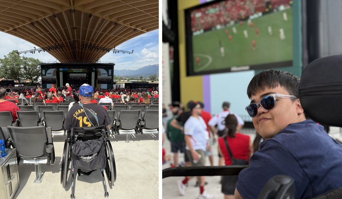 Person using a wheelchair watches a soccer match on a large stage screen from an accessible seating area at FIFA Fan Festival Vancouver, with a crowd seated under a covered outdoor venue.