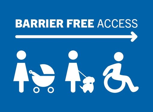Stroller user, assistive dog user, wheelchair user head towards Barrier Free Access area