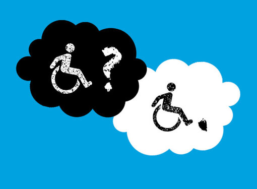 Two cloud speech bubbles with International Symbols of Access within 
