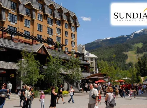 Crowds in Whistler passing by Sundail Boutique Hotel 