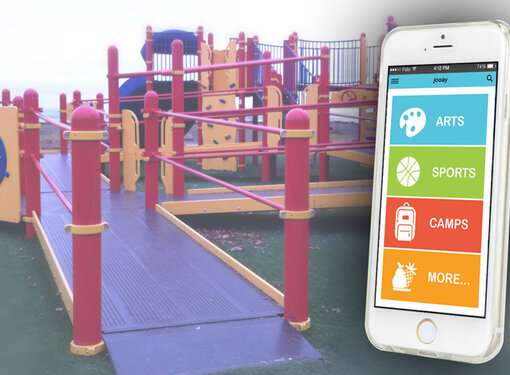 Image of Jooay app open on phone with accessible playgrounds in background