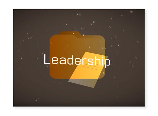 Screenshot from "Think, Adapt, and Act" video - brown background with a graphic of a file folder and a sheet of paper. The word "Leadership" is overlayed.