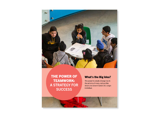 Photo of a group of 7 high school students sitting at a circular table, working together on a poster. Cover for "The Power of Teamwork" lesson.