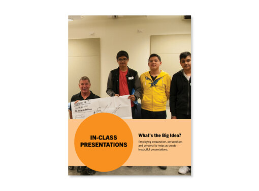 Rick Hansen and three high school students holding up a poster. Cover for "In-Class Presentations" lesson.