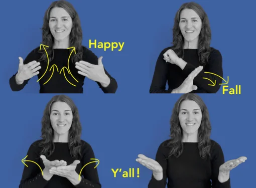 Happy Fall Y'all  Close up of a sign language interpreter with long hair demonstrates how to sign the words "Happy Fall Y'all" in three steps.