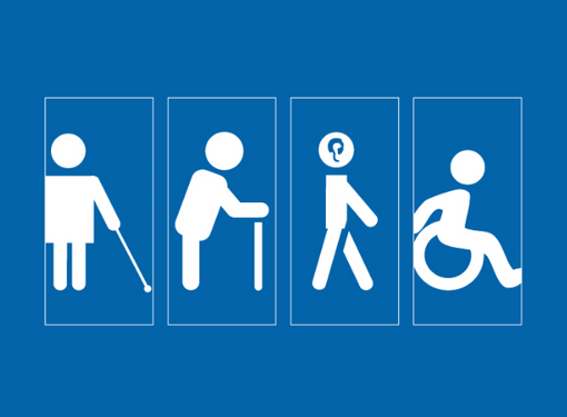 four icons, one with a visual aid cane, one with a mobility aid cane, one with a hearing aid, one with a wheelchair